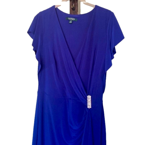 Ralph Lauren Parisian Ruched Floor Length Gown Size 8 Wrap Style Rhinestone Blue - Picture 4 of 12